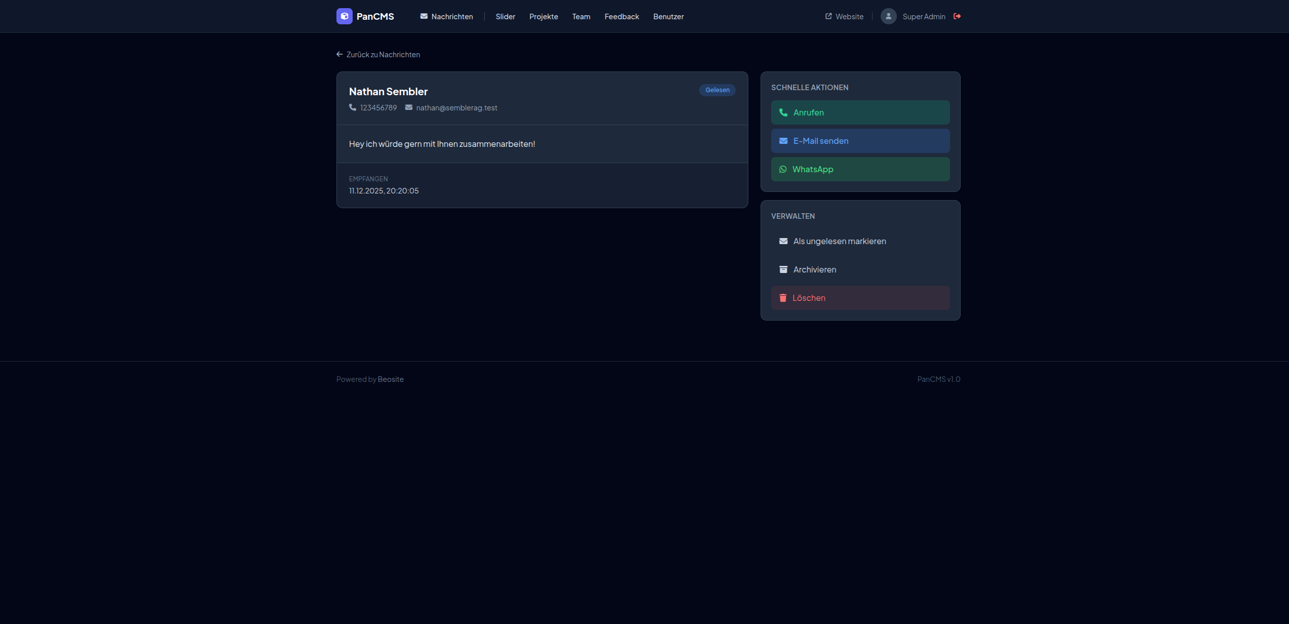 PanCMS Nachrichten Inbox